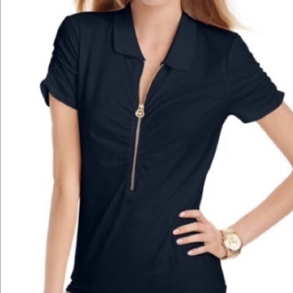 MICHAEL KORS Blk Gold Zip Logo T Shirt Small (N71)